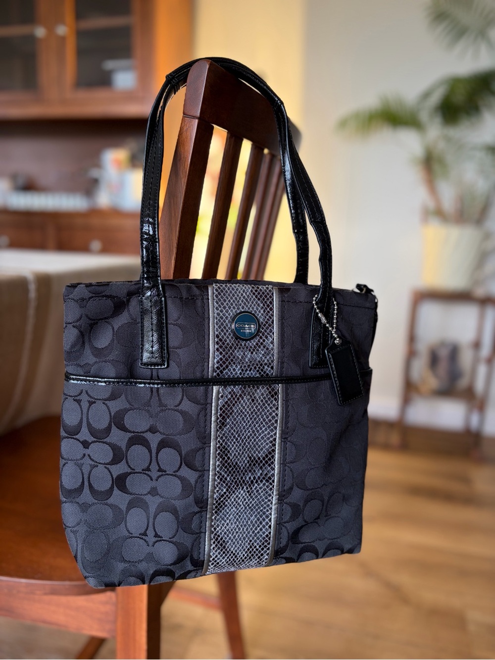 Coach Black Signature Canvas Tote with Textured Center Panel